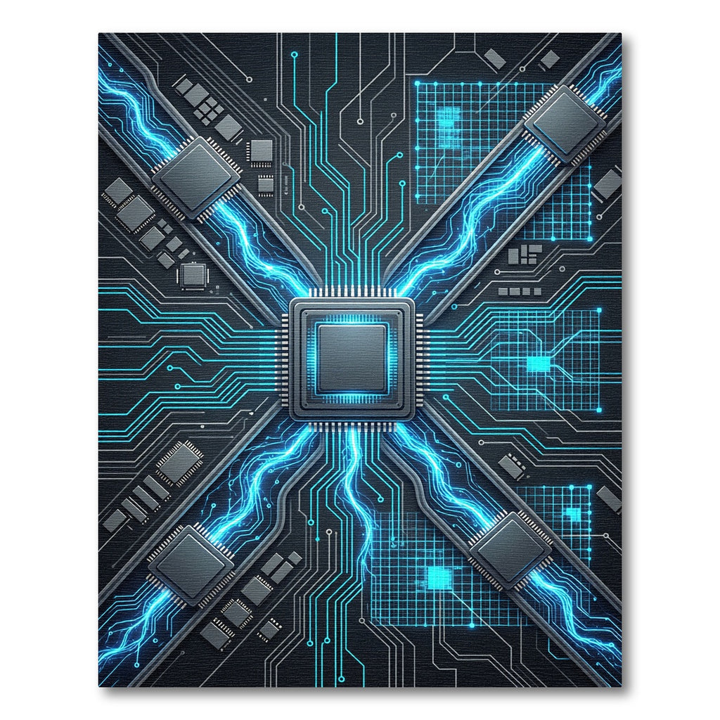Glowing Cybernetic Circuitry Electric Blue Grid Rug