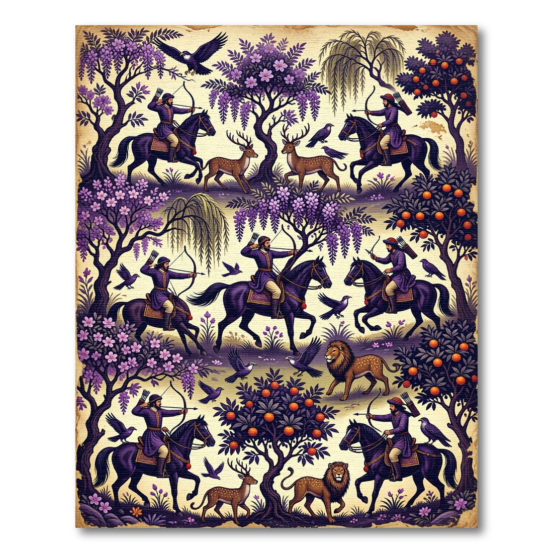 Purple Equestrian Archer Forest Scene Rug