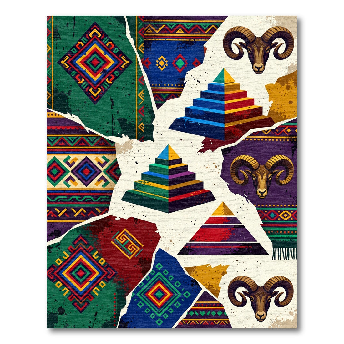Vibrant Tribal Ram Pyramid Collage Rug