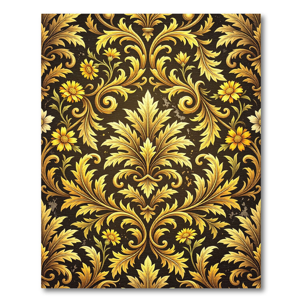 Ornate Golden Floral Damask Scroll Rug