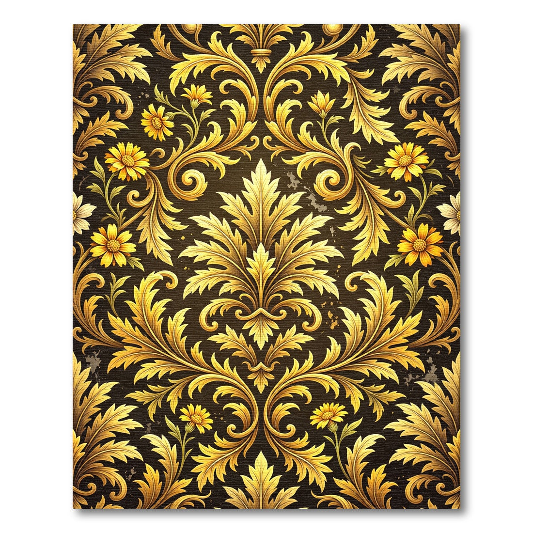 Ornate Golden Floral Damask Scroll Rug