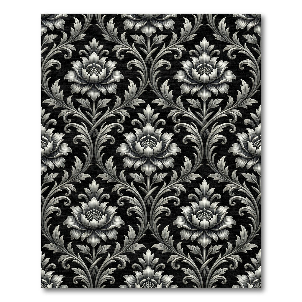 Elegant Silver Floral Damask Monochrome Rug