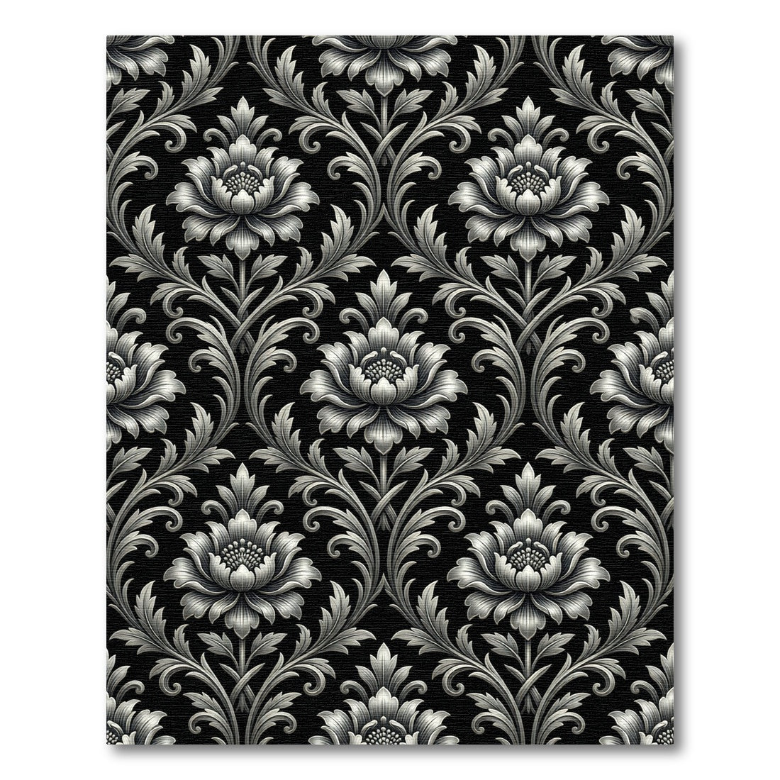 Elegant Silver Floral Damask Monochrome Rug