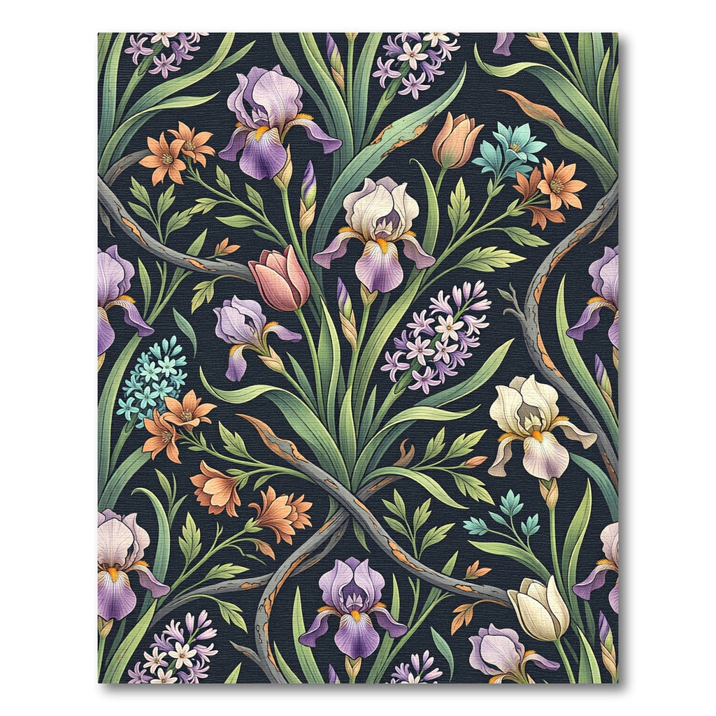 Dark Botanical Iris and Hyacinth Garden Rug
