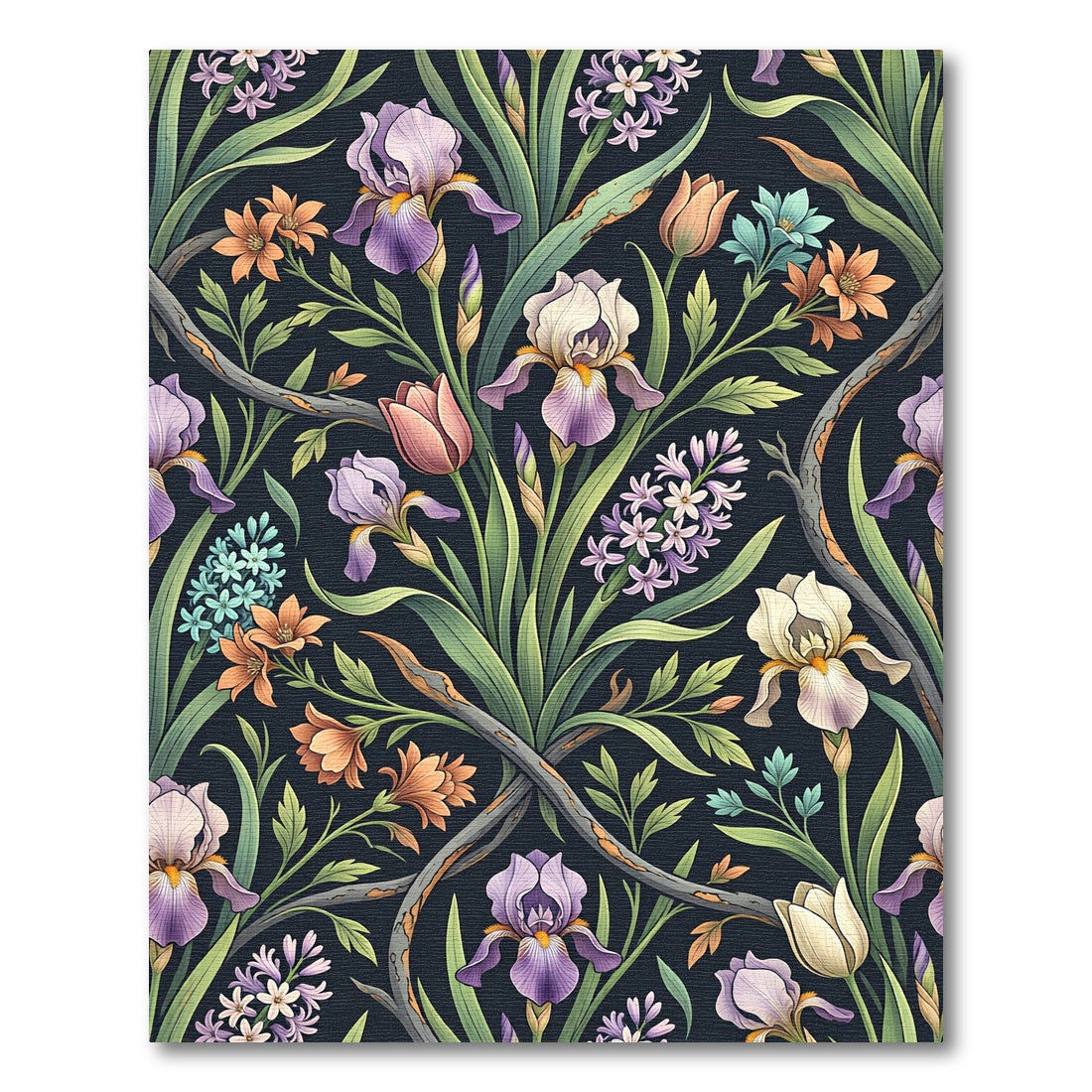 Dark Botanical Iris and Hyacinth Garden Rug