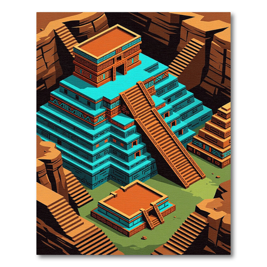 Teal Orange Stepped Ancient Temple Architecture Rug