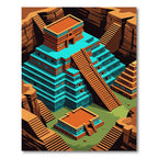 Teal Orange Stepped Ancient Temple Architecture Rug