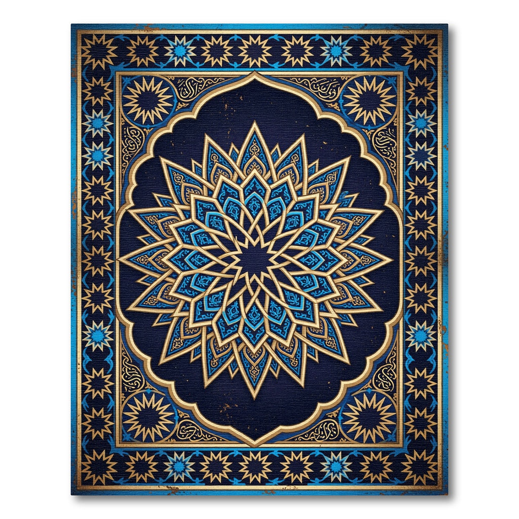 Ornate Celestial Blue Golden Geometric Mandala Rug