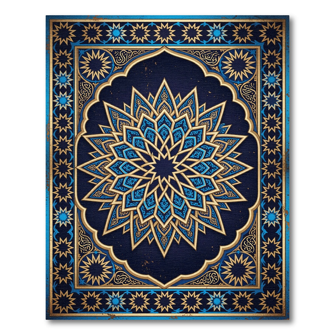 Ornate Celestial Blue Golden Geometric Mandala Rug
