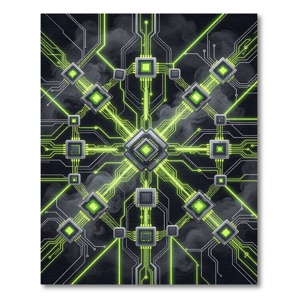 Neon Green Cybernetic Circuit Grid Rug