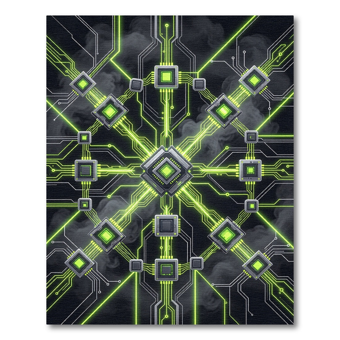 Neon Green Cybernetic Circuit Grid Rug