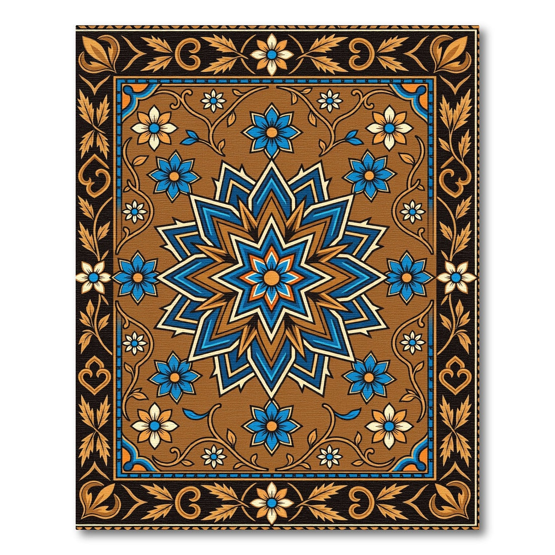 Ornate Blue and Copper Star Medallion Rug
