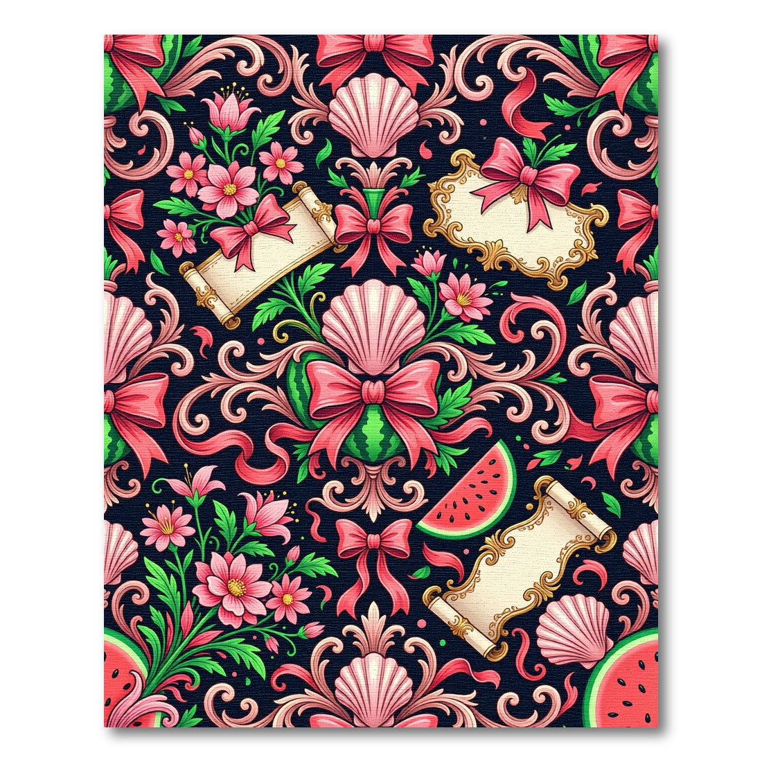Pink Watermelon Floral Scroll Rococo Rug