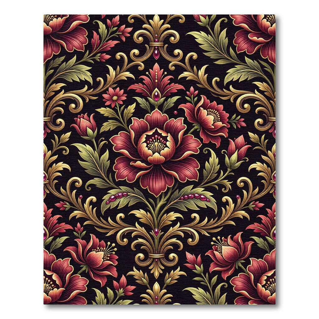 Rich Burgundy Floral Gold Damask Rug