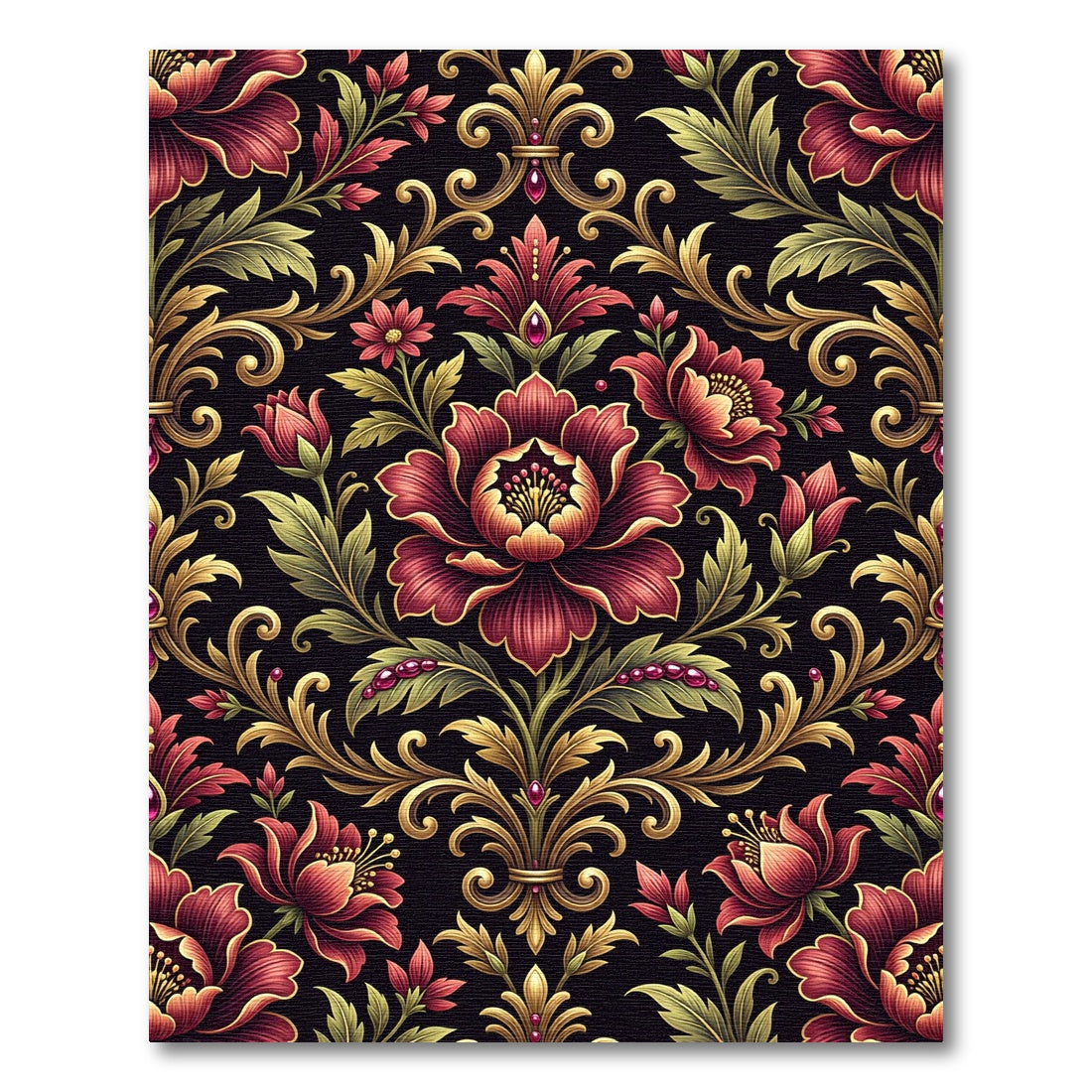 Rich Burgundy Floral Gold Damask Rug