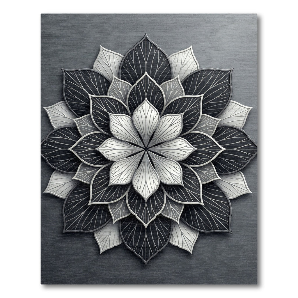 Monochromatic Gray Layered Petal Mandala Rug