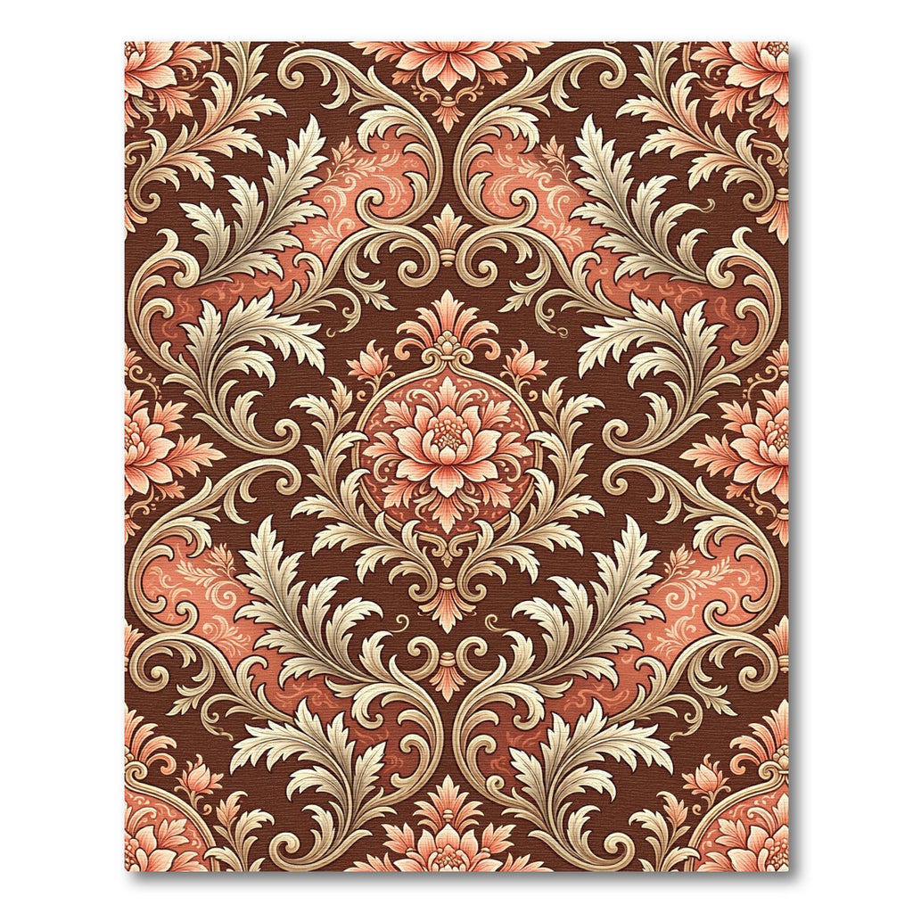 Ornate Coral Floral Scrollwork Rich Brown Rug