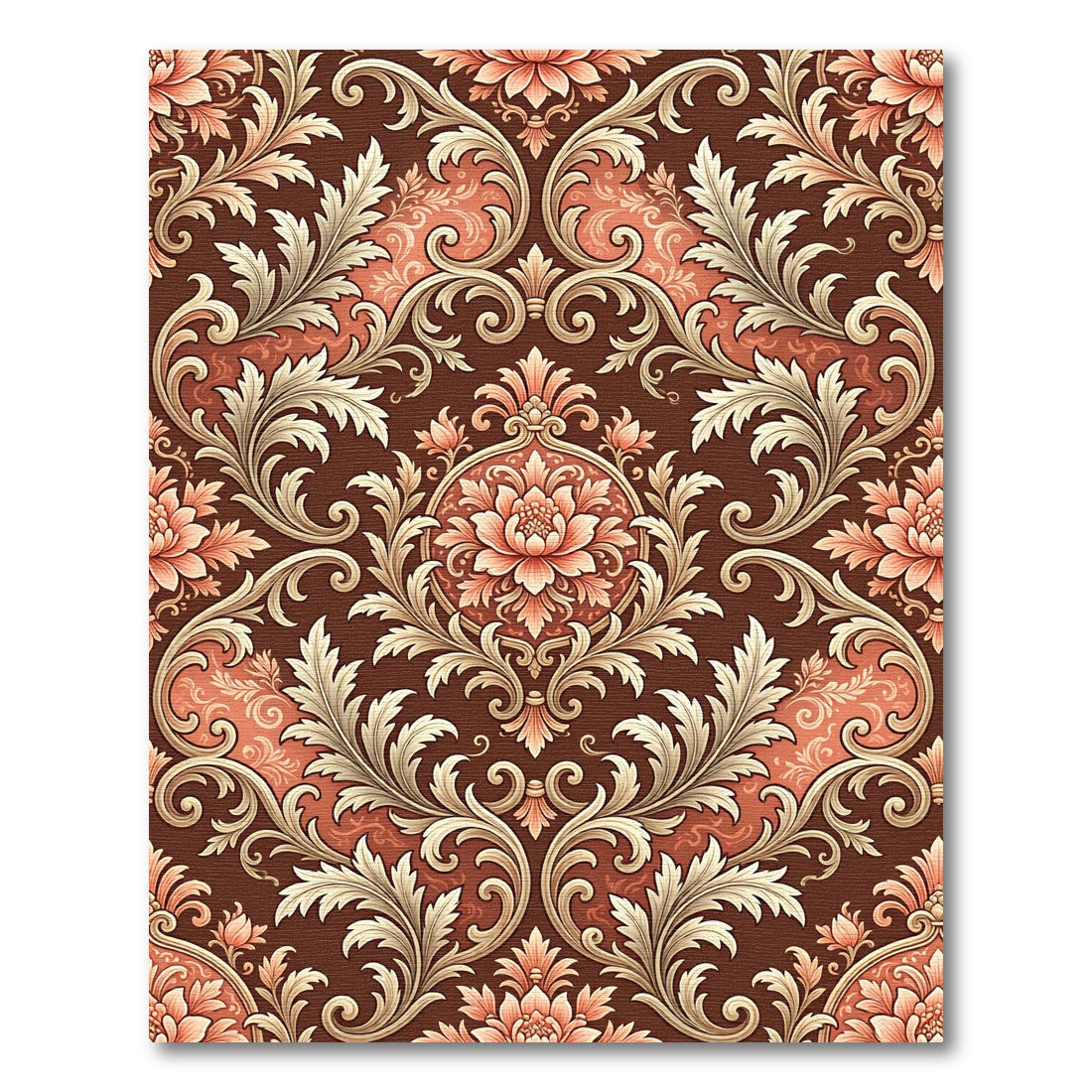 Ornate Coral Floral Scrollwork Rich Brown Rug