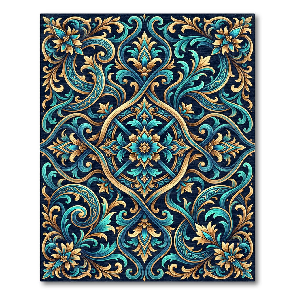 Teal Gold Ornate Floral Symmetry Rug