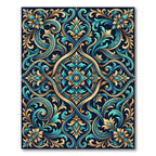 Teal Gold Ornate Floral Symmetry Rug