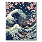 Japanese Wave and Cherry Blossom Art Rug