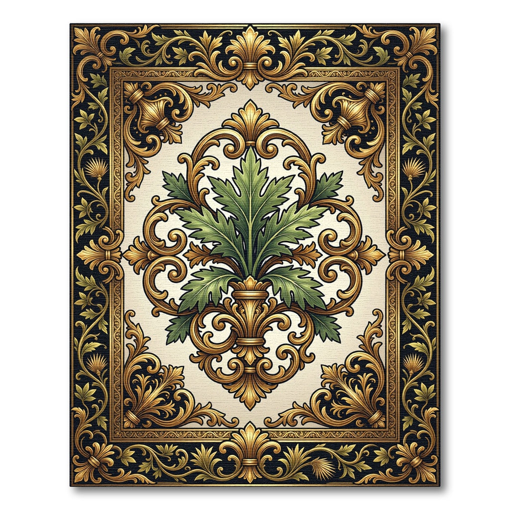 Ornate Gold Acanthus Leaf Foliage Medallion Rug