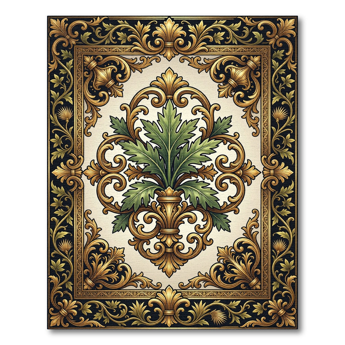 Ornate Gold Acanthus Leaf Foliage Medallion Rug