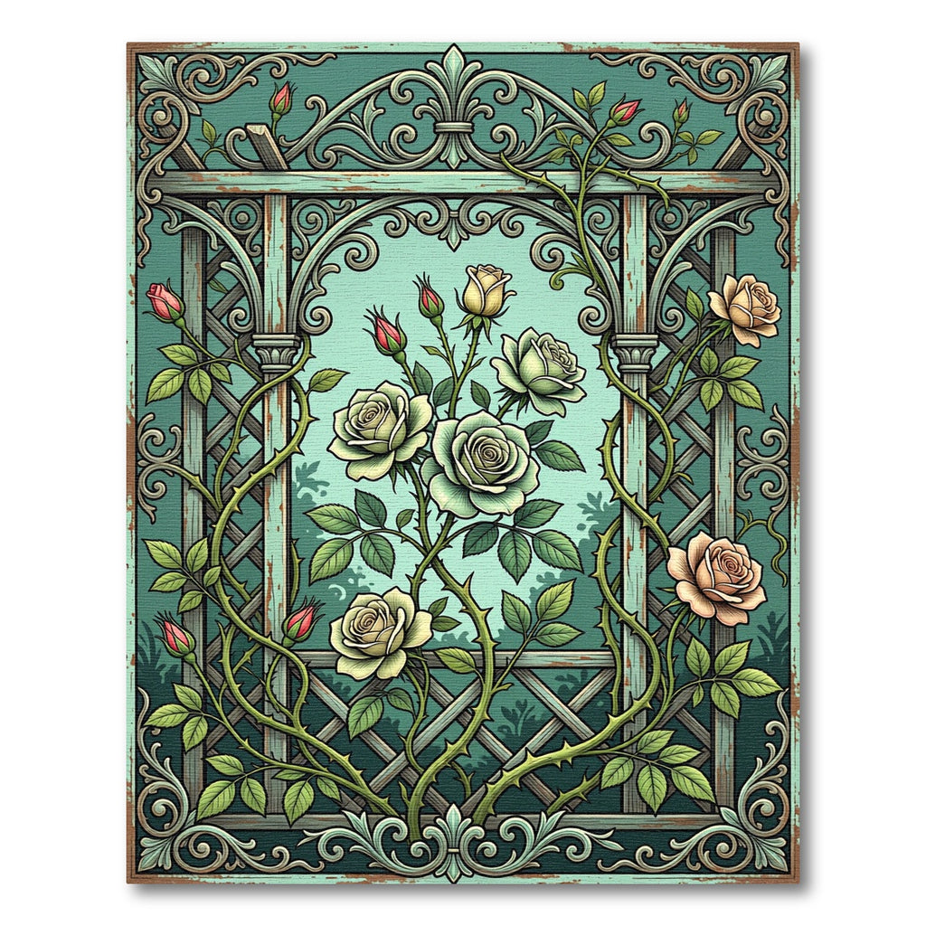 Vintage Teal Rose Trellis Illustration Rug