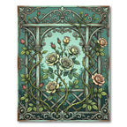 Vintage Teal Rose Trellis Illustration Rug