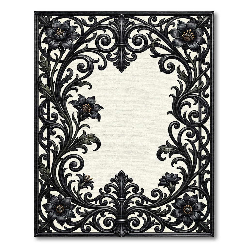 Elegant Black Filigree Floral Scroll Rug