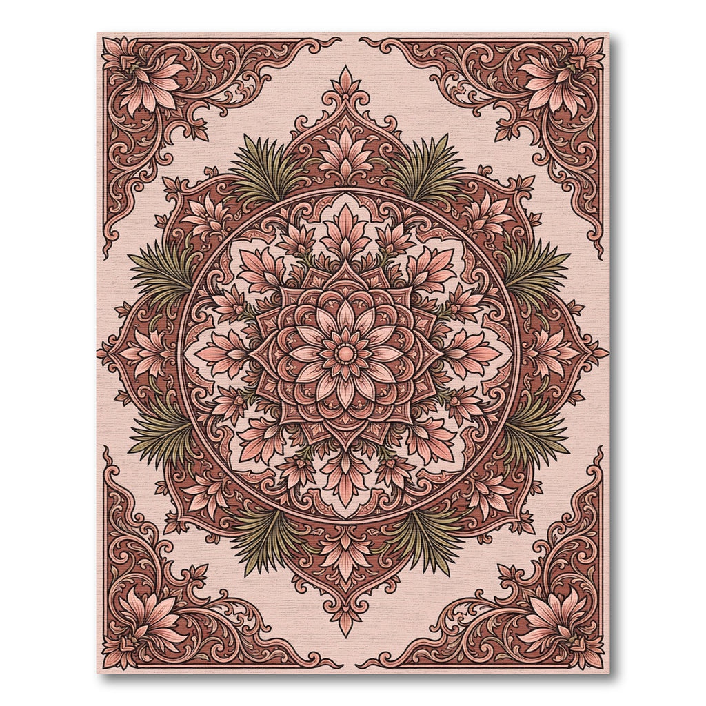 Crimson Floral Mandala Frame Rug