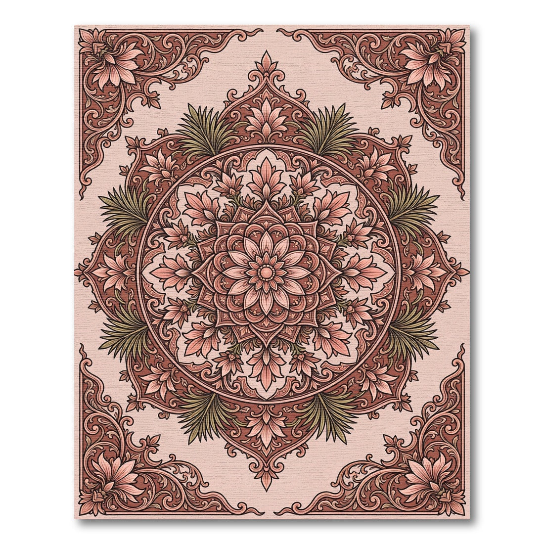 Crimson Floral Mandala Frame Rug