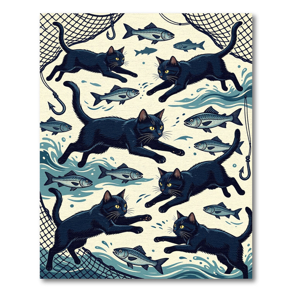 Playful Black Cats Chasing Fish Rug