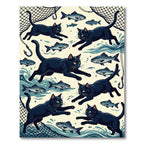 Playful Black Cats Chasing Fish Rug