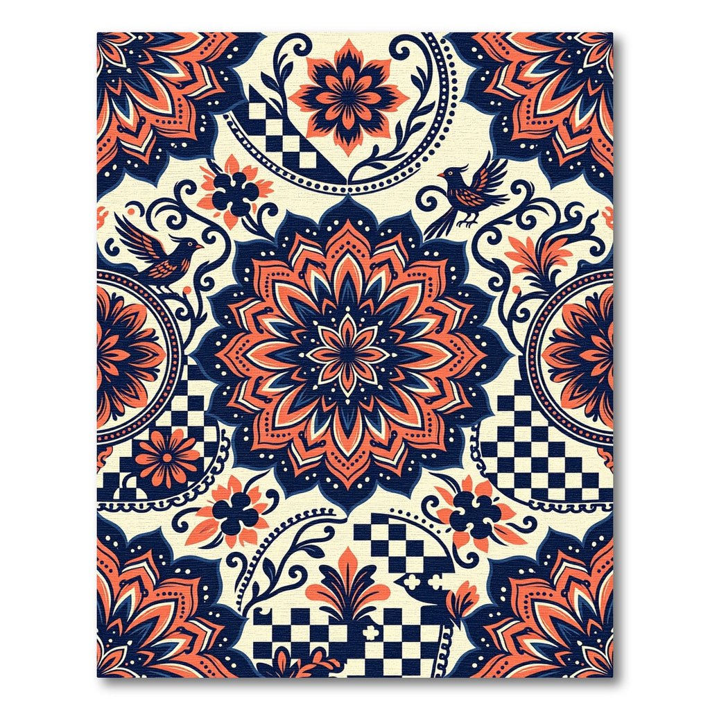 Navy Orange Floral Checkered Mandala Rug