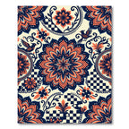 Navy Orange Floral Checkered Mandala Rug