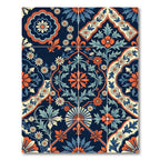 Navy Blue Orange Floral Fleuron Lattice Rug