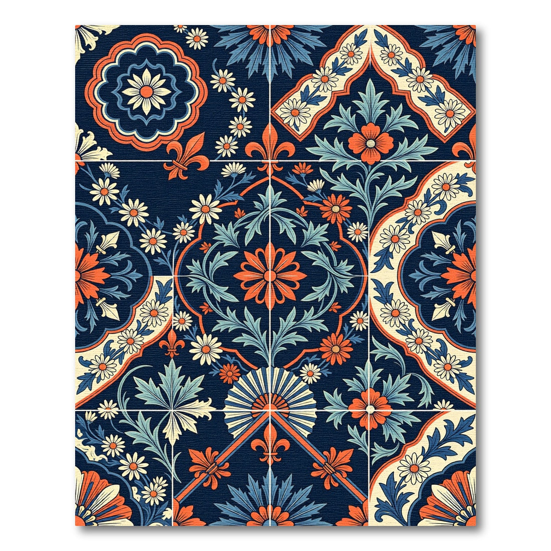 Navy Blue Orange Floral Fleuron Lattice Rug