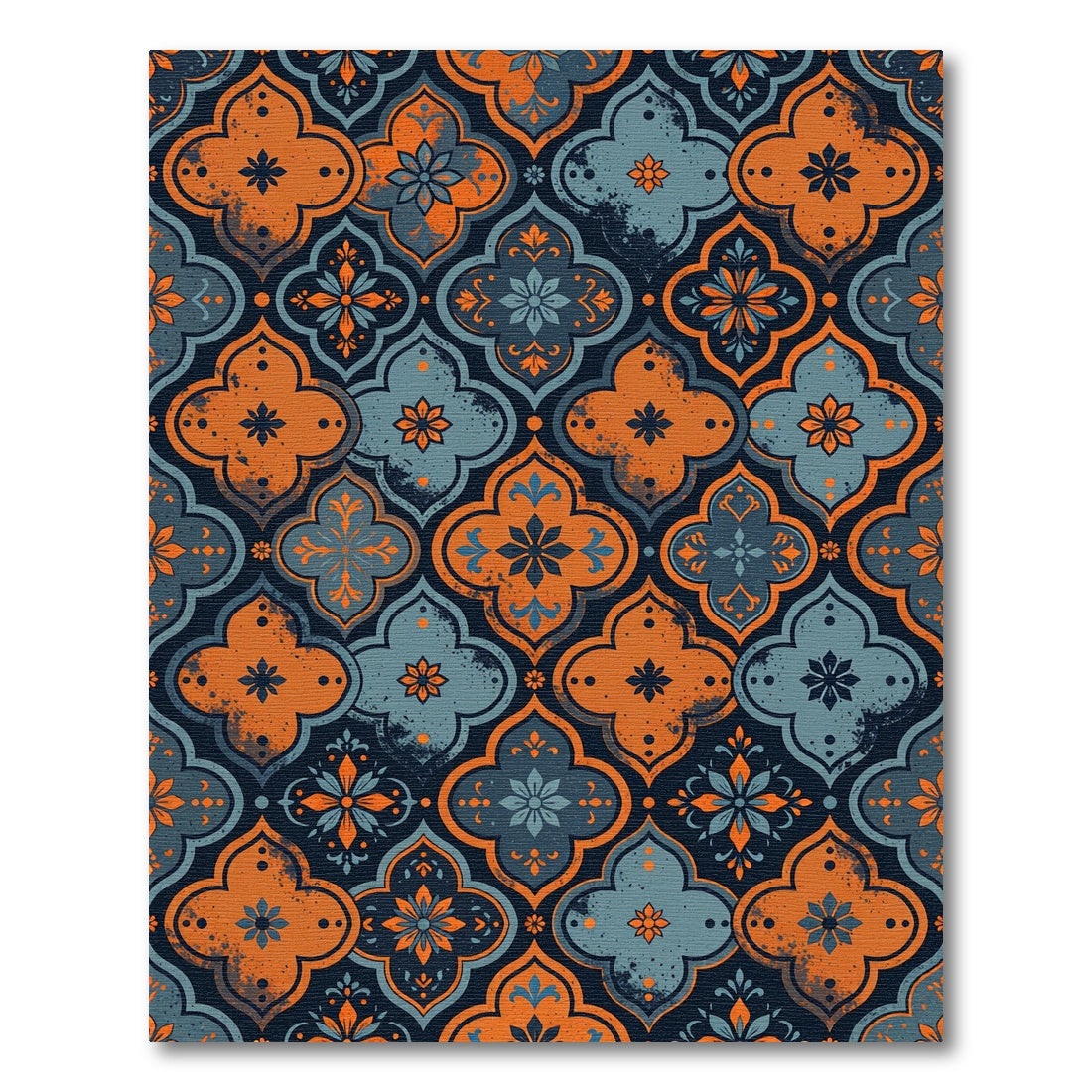 Ornate Orange Blue Quatrefoil Pattern Rug