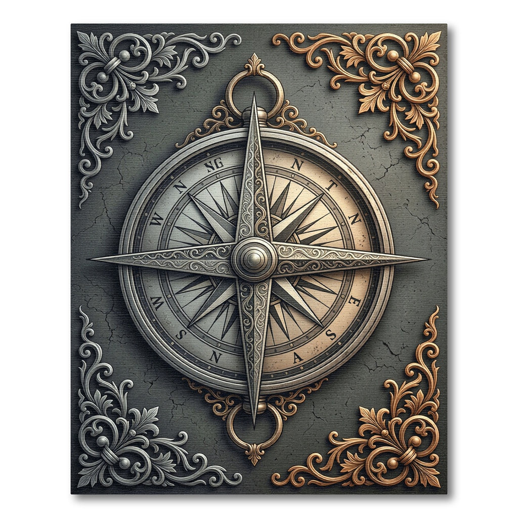 Ornate Metallic Compass Filigree Engraving Rug