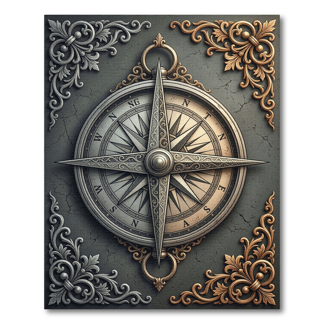 Ornate Metallic Compass Filigree Engraving Rug