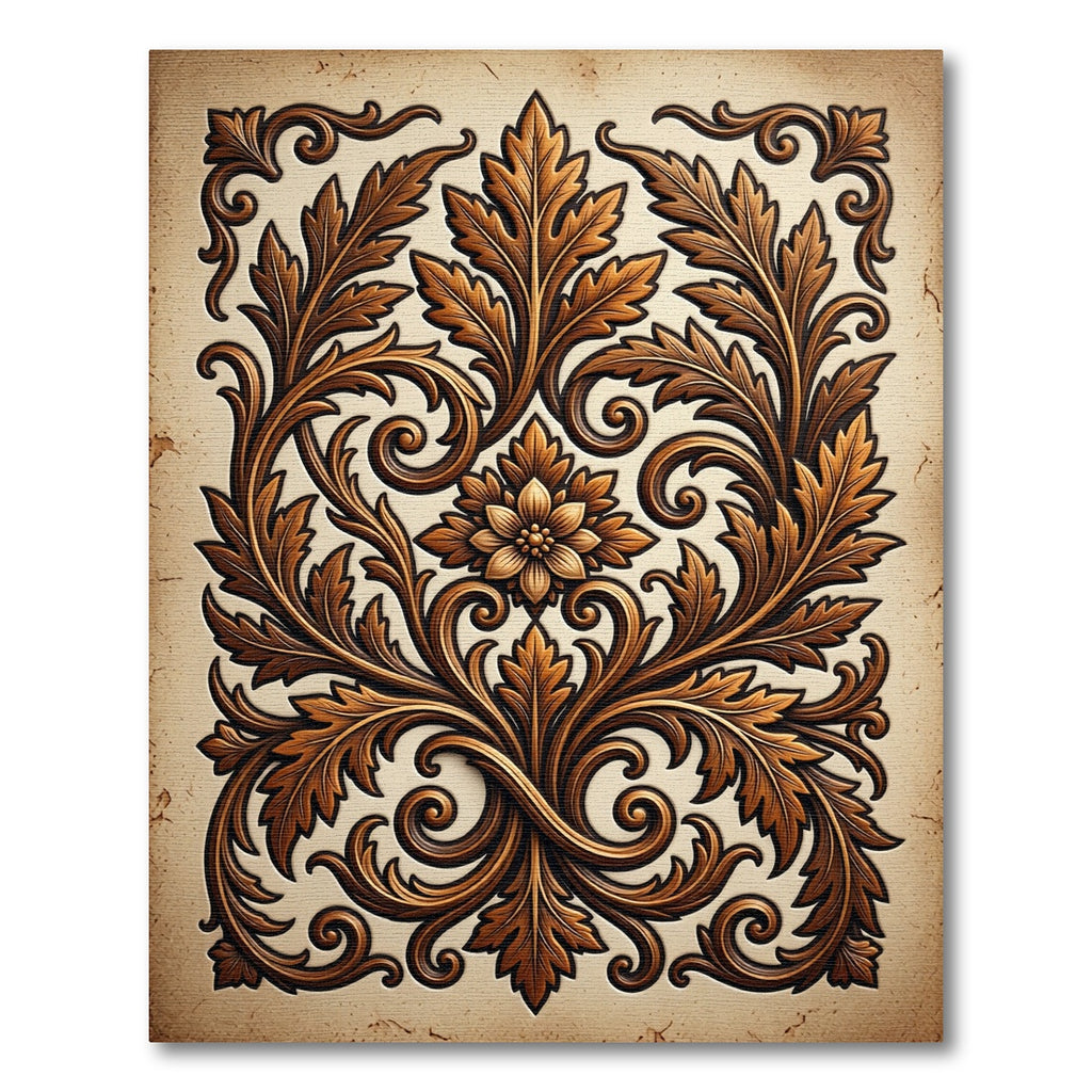 Ornate Copper Leaf Scroll Panel Rug