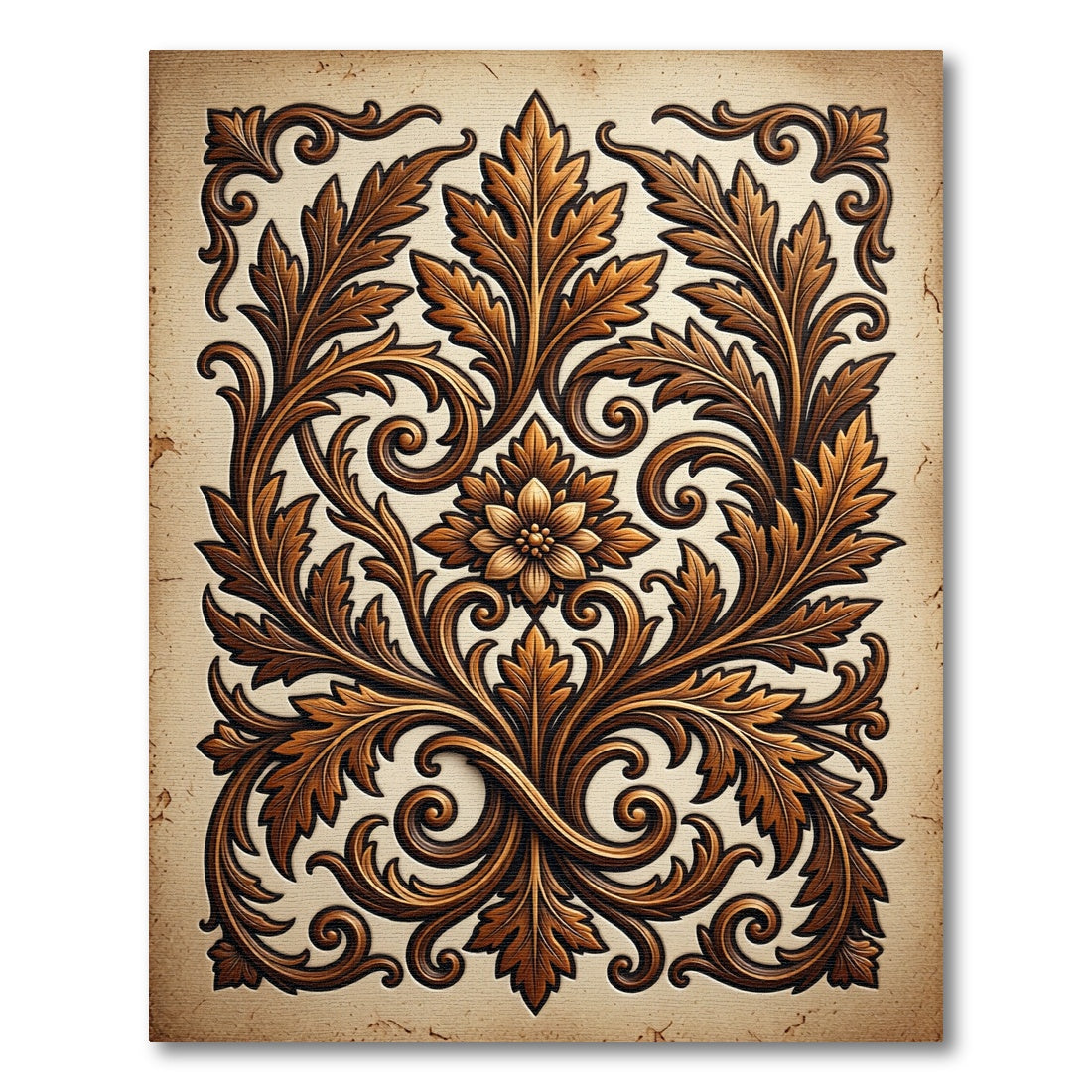 Ornate Copper Leaf Scroll Panel Rug