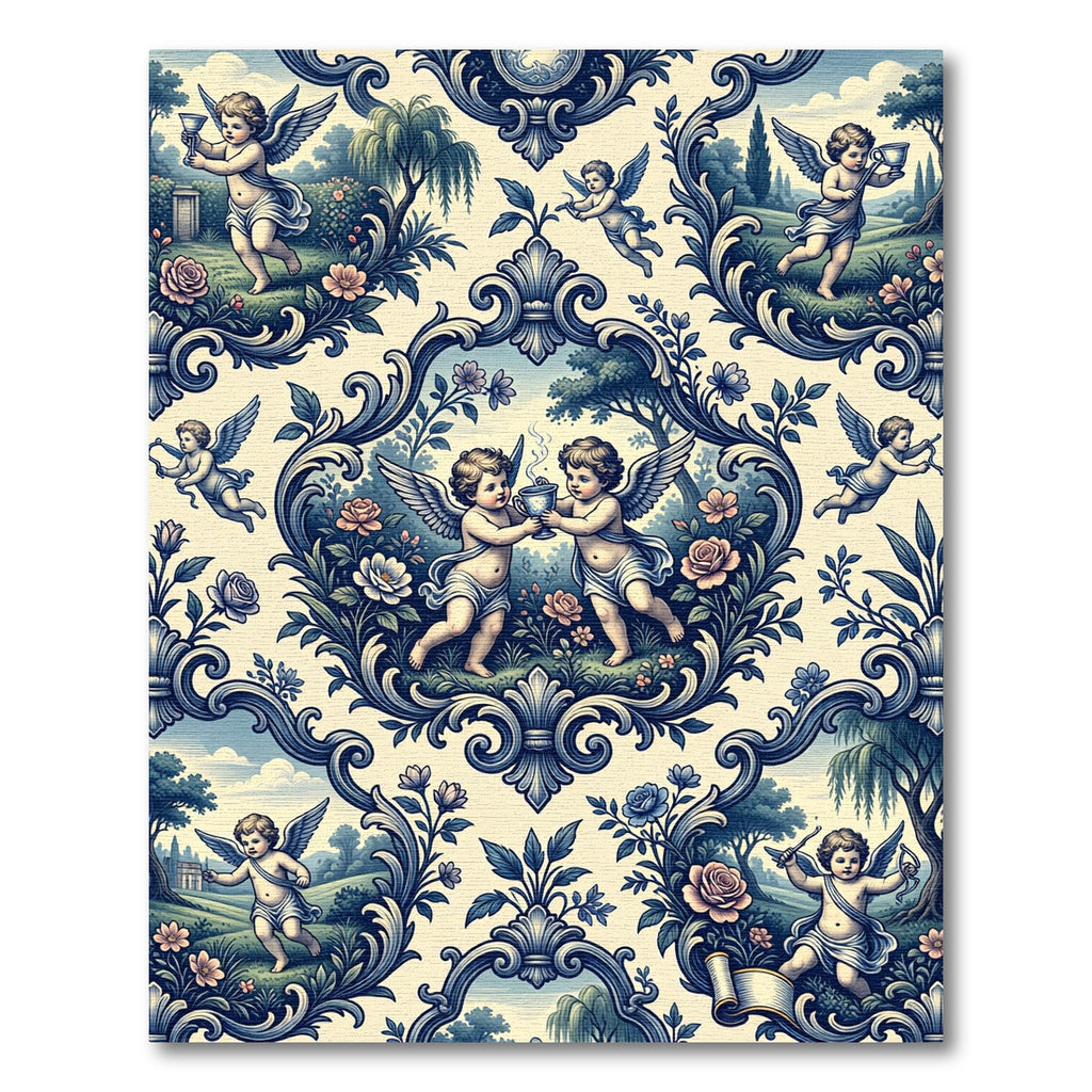Charming Blue Cherub Toile Scroll Garden Rug