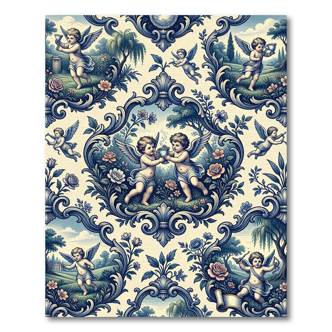Charming Blue Cherub Toile Scroll Garden Rug