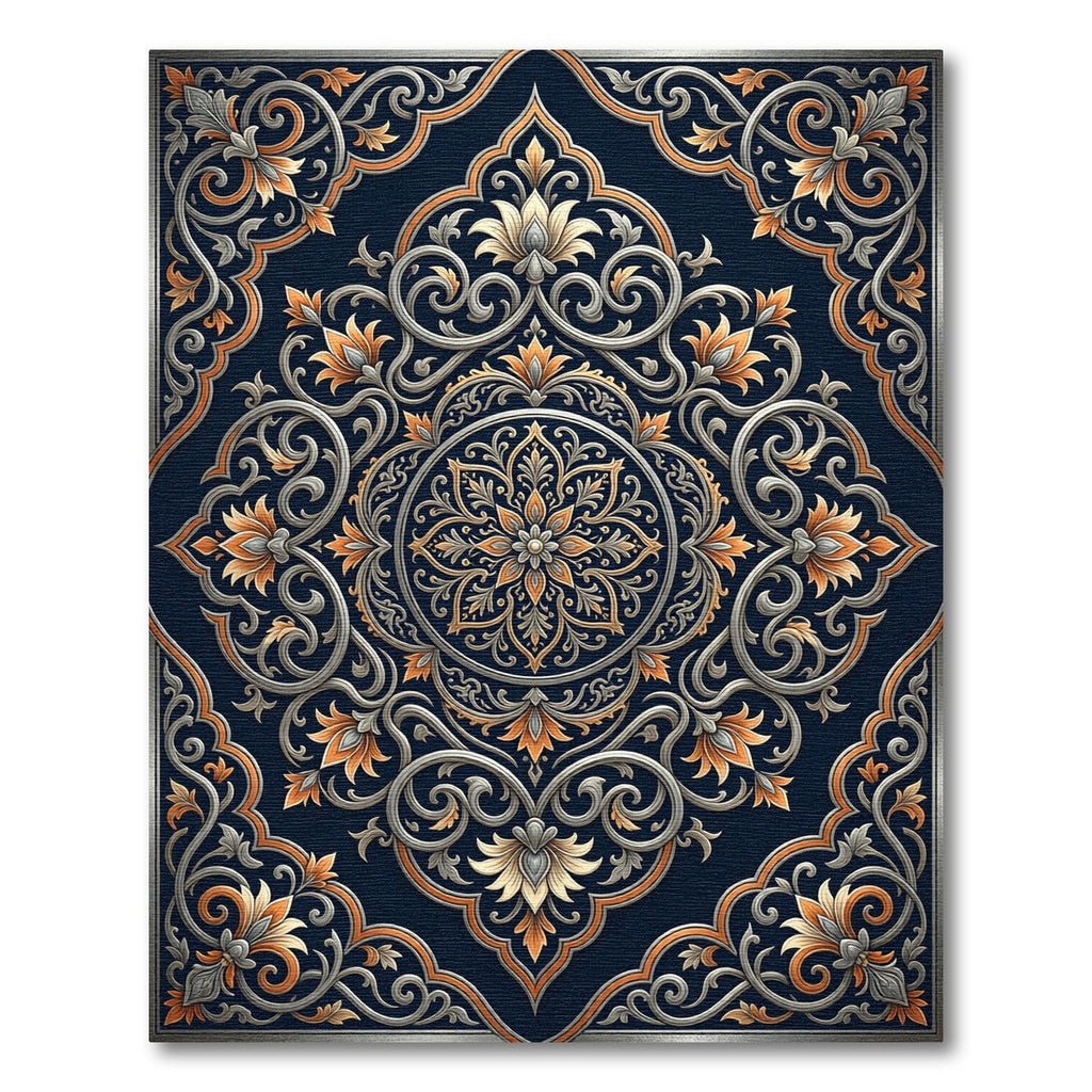 Elegant Navy Gold Floral Scroll Medallion Rug