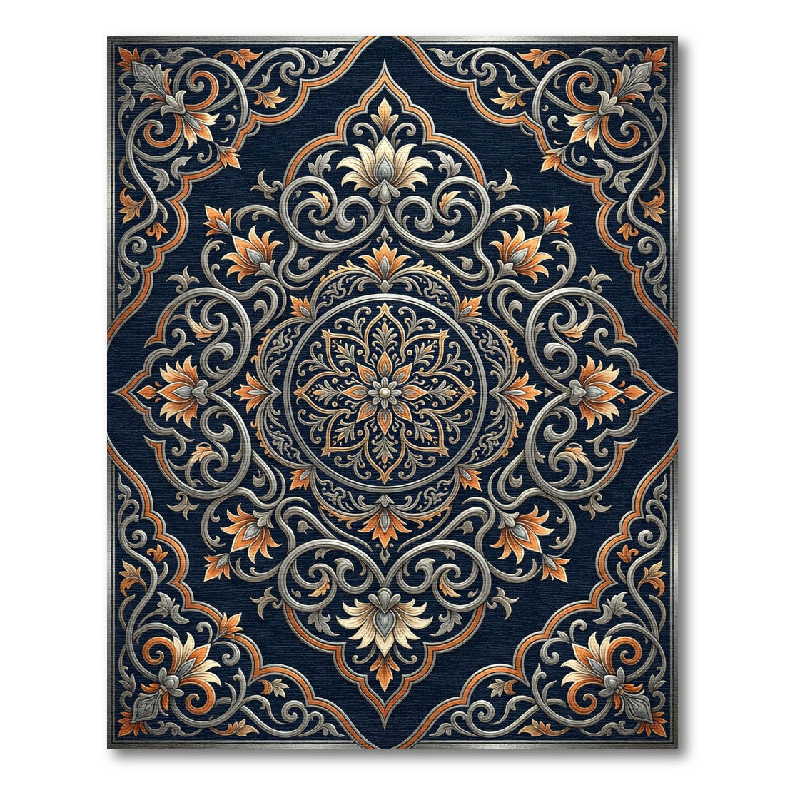 Elegant Navy Gold Floral Scroll Medallion Rug
