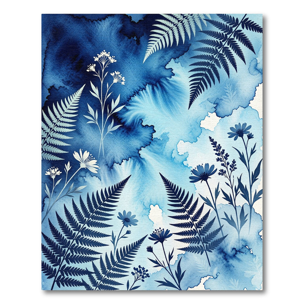 Indigo Fern Floral Watercolor Immersion Rug