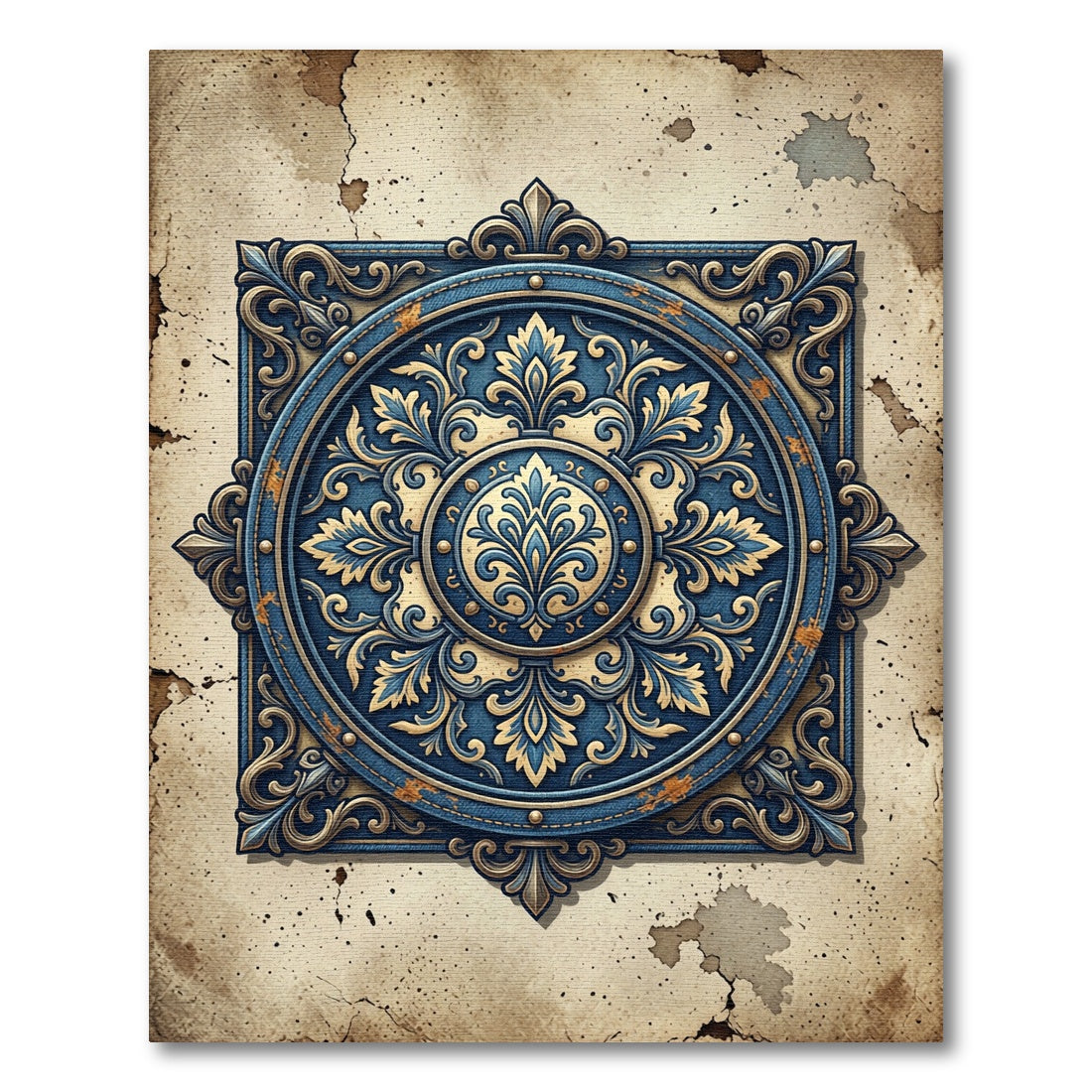 Antique Blue Golden Floral Medallion Rug