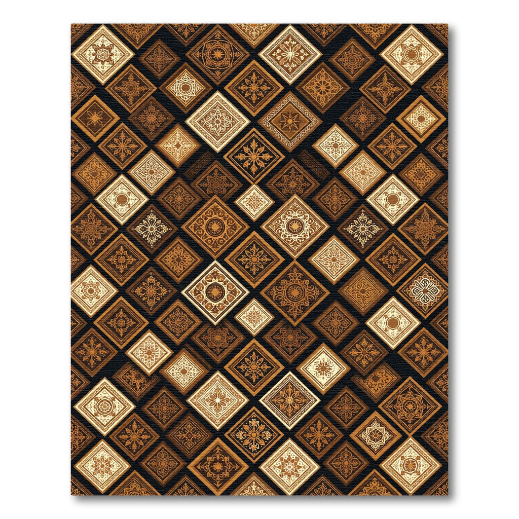 Brown Gold Detailed Square Medallion Rug